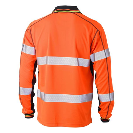Bisley BK6219T orange/navy long sleeve hi vis polo, back view with reflective body and sleeve tape