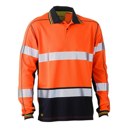 Bisley BK6219T orange/navy long sleeve hi vis polo, front view with reflective body and sleeve tape
