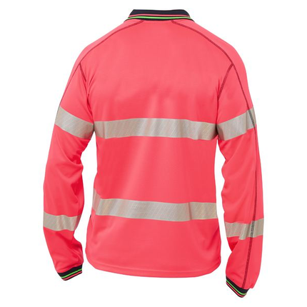 Bisley BK6219T pink/navy long sleeve hi vis polo, back view with reflective body and sleeve tape