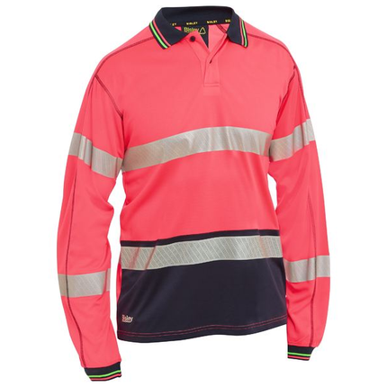 Bisley BK6219T pink/navy long sleeve hi vis polo, front view with reflective body and sleeve tape