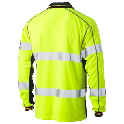 Bisley BK6219T yellow/navy long sleeve hi vis polo, back view with reflective body and sleeve tape