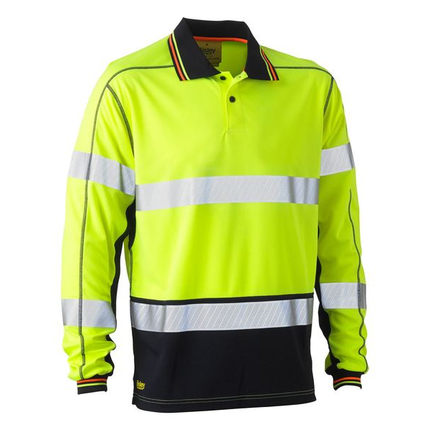 Bisley BK6219T yellow/navy long sleeve hi vis polo, front view with reflective torso and sleeve tape