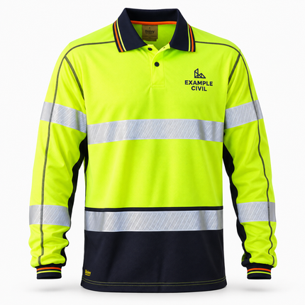 Bisley BK6219T yellow and navy long sleeve hi vis polo with an illustrative EXAMPLE CIVIL embroidered chest logo