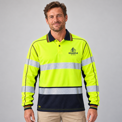 Model wearing a Bisley BK6219T yellow/navy long sleeve hi vis polo with an illustrative EXAMPLE CIVIL embroidered chest logo, on a soft grey studio background