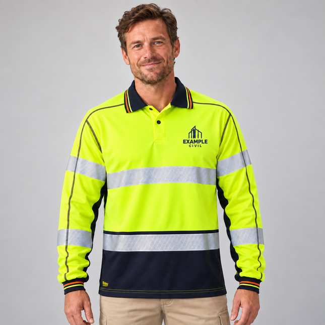 Model wearing a Bisley BK6219T yellow/navy long sleeve hi vis polo with an illustrative EXAMPLE CIVIL embroidered chest logo, on a soft grey studio background