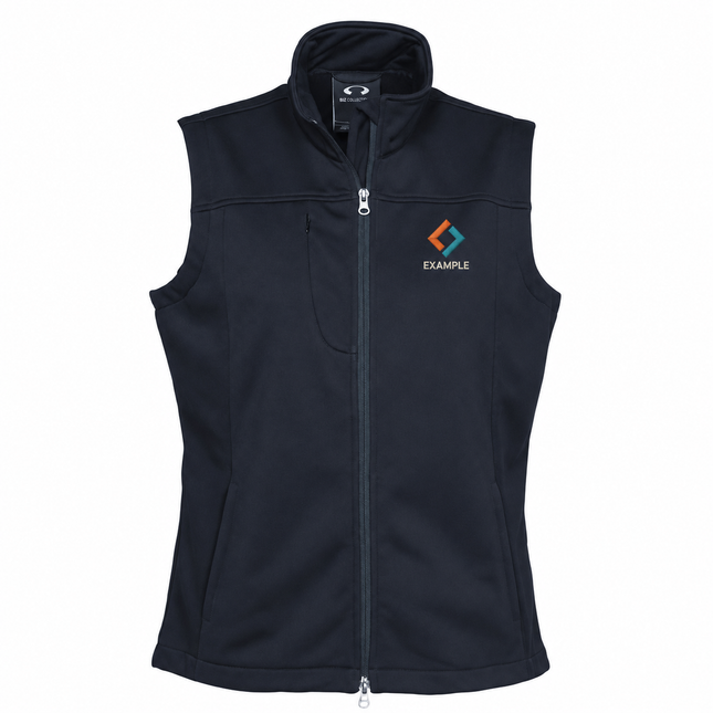 Biz Collection Women's Softshell Windproof Vest in its original garment colour, with an illustrative EXAMPLE embroidered logo on the front chest. Logo example only; front embroidery only.