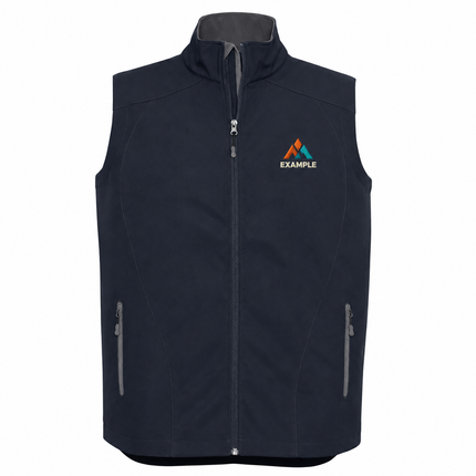 Biz Collection Mens 3-Layer SoftShell Geneva Vest in its original garment colour, with an illustrative EXAMPLE embroidered logo on the front chest. Logo example only; front embroidery only.