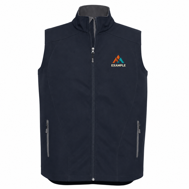 Biz Collection Mens 3-Layer SoftShell Geneva Vest in its original garment colour, with an illustrative EXAMPLE embroidered logo on the front chest. Logo example only; front embroidery only.