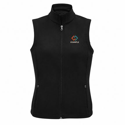 Biz Collection Women's Apex 2-Layer Softshell Vest in its original garment colour, with an illustrative EXAMPLE embroidered logo on the front chest. Logo example only; front embroidery only.