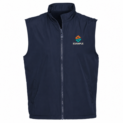 Biz Collection Unisex Reversible Fleece Vest in its original garment colour, with an illustrative EXAMPLE embroidered logo on the front chest. Logo example only; front embroidery only.
