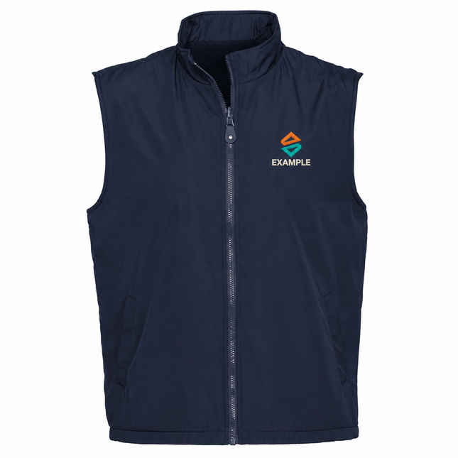Biz Collection Unisex Reversible Fleece Vest in its original garment colour, with an illustrative EXAMPLE embroidered logo on the front chest. Logo example only; front embroidery only.