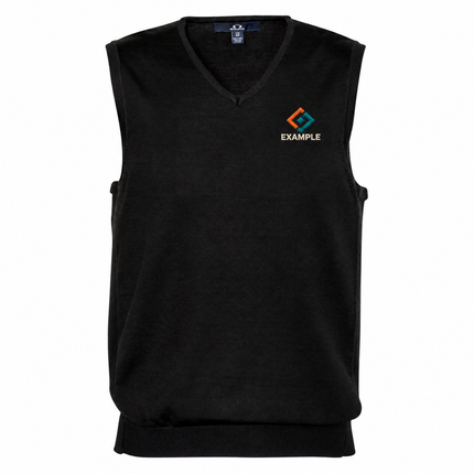 Biz Collection Men's V-Neck Sleeveless Sweater Vest in its original garment colour, with an illustrative EXAMPLE embroidered logo on the front chest. Logo example only; front embroidery only.