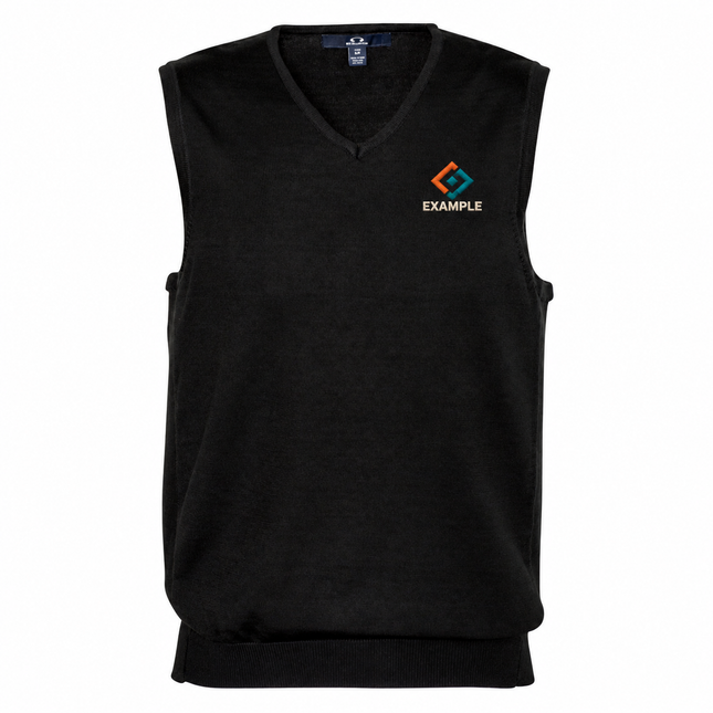 Biz Collection Men's V-Neck Sleeveless Sweater Vest in its original garment colour, with an illustrative EXAMPLE embroidered logo on the front chest. Logo example only; front embroidery only.