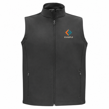 Biz Collection Men's Apex 2-Layer Softshell Vest in its original garment colour, with an illustrative EXAMPLE embroidered logo on the front chest. Logo example only; front embroidery only.