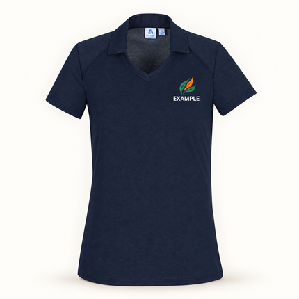 Real bizcollection-p011ls polo in Navy with an EXAMPLE front chest embroidered logo. Optional back print is ordered separately.