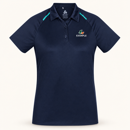 Biz Collection Womens Academy Short Sleeve Polo in Navy/Teal, actual front garment view with a small EXAMPLE embroidered chest logo.