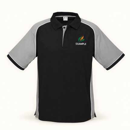 Real bizcollection-p10112 polo in Black/Grey with an EXAMPLE front chest embroidered logo. Optional back print is ordered separately.