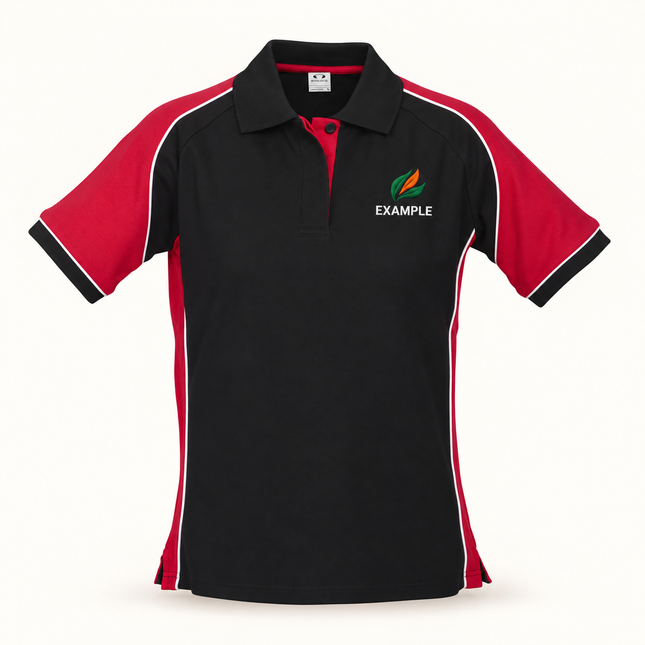 Real bizcollection-p10122 polo in Black/Red with an EXAMPLE front chest embroidered logo. Optional back print is ordered separately.