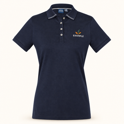 Biz Collection Womens Aston Short Sleeve Polo in Navy/Silver Grey, actual front garment view with a small EXAMPLE embroidered chest logo.