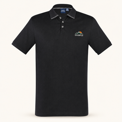 Biz Collection Mens Aston Short Sleeve Polo in Black/Silver Grey, actual front garment view with a small EXAMPLE embroidered chest logo.