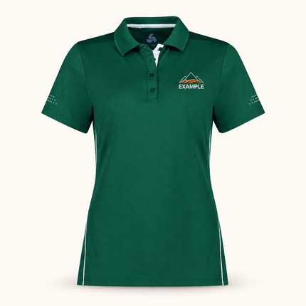 Biz Collection Women's Balance Short Sleeve Polo in Forest/White, actual front garment view with a small EXAMPLE embroidered chest logo.