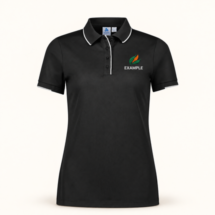 Real bizcollection-p313ls polo in Black/White with an EXAMPLE front chest embroidered logo. Optional back print is ordered separately.