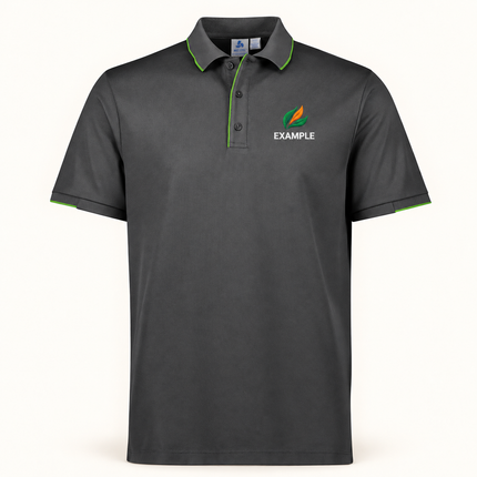 Real bizcollection-p313ms polo in Grey/Fluoro Lime with an EXAMPLE front chest embroidered logo. Optional back print is ordered separately.