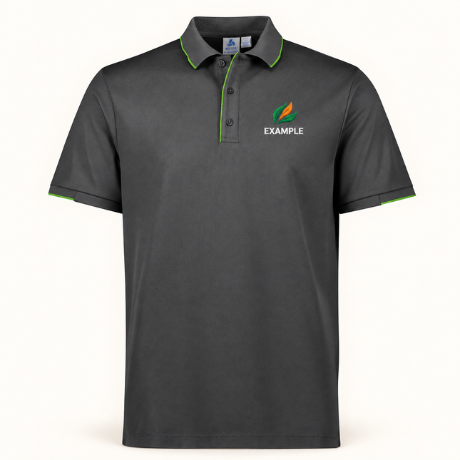Real bizcollection-p313ms polo in Grey/Fluoro Lime with an EXAMPLE front chest embroidered logo. Optional back print is ordered separately.