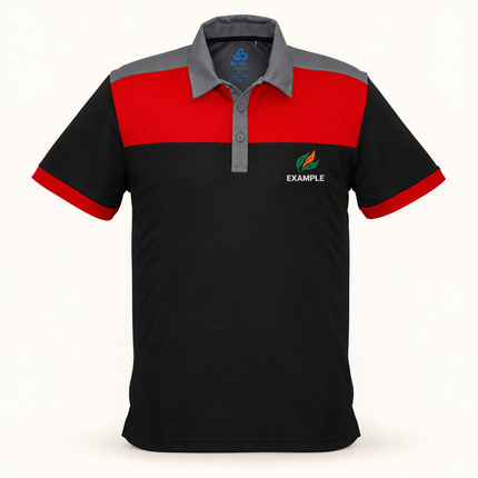 Real bizcollection-p500ms polo in Black/Red with an EXAMPLE front chest embroidered logo. Optional back print is ordered separately.