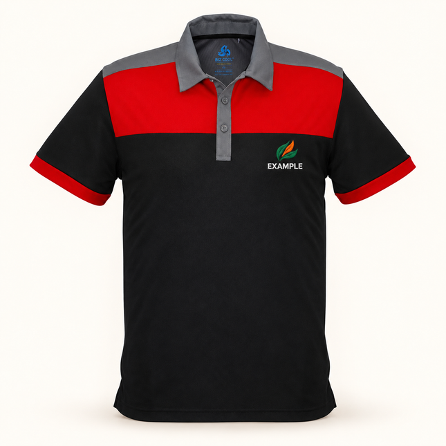 Real bizcollection-p500ms polo in Black/Red with an EXAMPLE front chest embroidered logo. Optional back print is ordered separately.