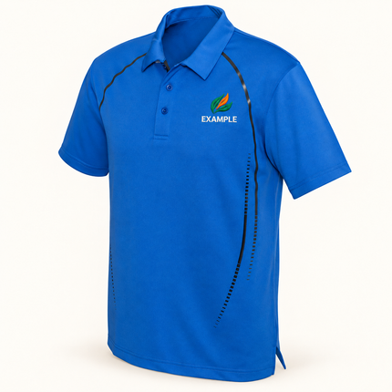 Real bizcollection-p604ms polo in Royal/Silver with an EXAMPLE front chest embroidered logo. Optional back print is ordered separately.