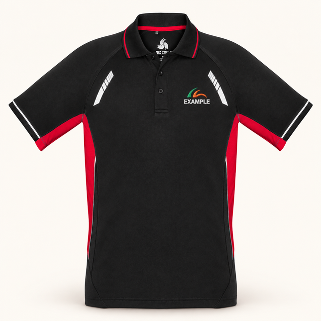 Biz Collection Kids Renegade Short Sleeve Polo in Black/Red, actual front garment view with a small EXAMPLE embroidered chest logo.