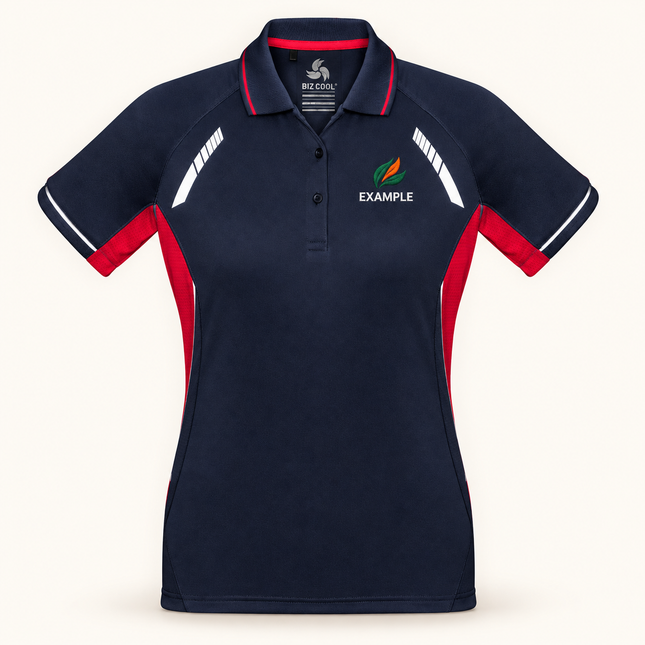 Biz Collection Womens Renegade Short Sleeve Polo in Navy/Red Silver, actual front garment view with a small EXAMPLE embroidered chest logo.