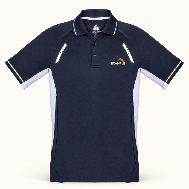 Biz Collection Mens Renegade Short Sleeve Polo in Navy/White Silver, actual front garment view with a small EXAMPLE embroidered chest logo.
