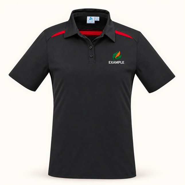 Real bizcollection-p901ls polo in Black/Red with an EXAMPLE front chest embroidered logo. Optional back print is ordered separately.