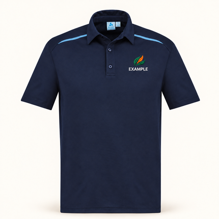 Real bizcollection-p901ms polo in Navy/Sky with an EXAMPLE front chest embroidered logo. Optional back print is ordered separately.