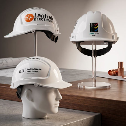 Three white custom-printed hard hats displayed on stands and a mannequin head, featuring logos for Lantrak Electrical, Safetest Pro, and OB Passionate Builders.