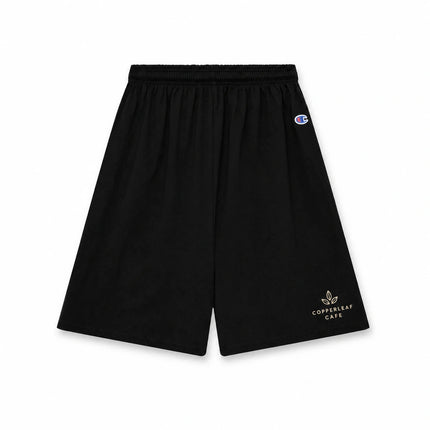 Champion 8187 in Black, front view with an illustrative fictional company logo embroidered on the left leg.