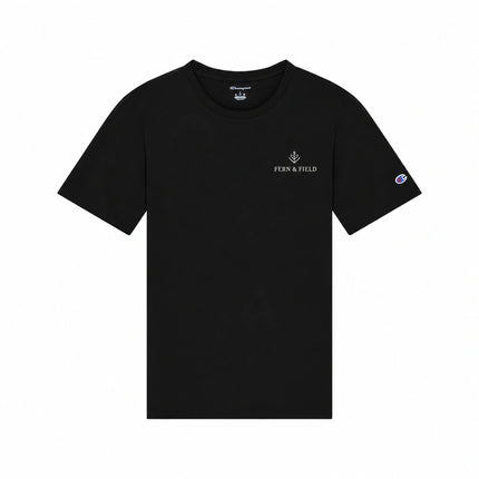 Champion CH1000 in Black, front view with an illustrative fictional company logo embroidered on the left chest.