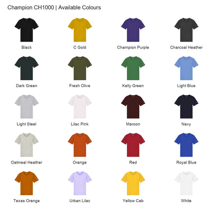 Champion CH1000 colour chart showing all 20 available colours.