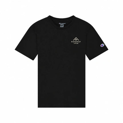 Champion CH1081 in Black, front view with an illustrative fictional company logo embroidered on the left chest.