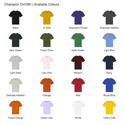 Champion CH1081 colour chart showing all 20 available colours.