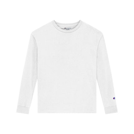 Champion CH1751 Youth Long Sleeve T-Shirt in White, front view.