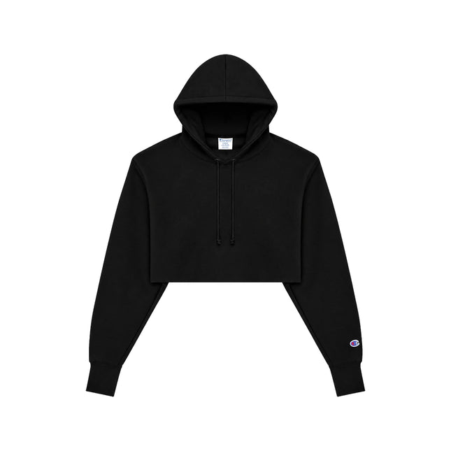Champion RW01W Women's Reverse Weave Cropped Hoodie in Black, front view.