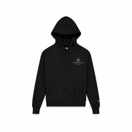 Champion S101 in Black, front view with an illustrative fictional company logo embroidered on the left chest.