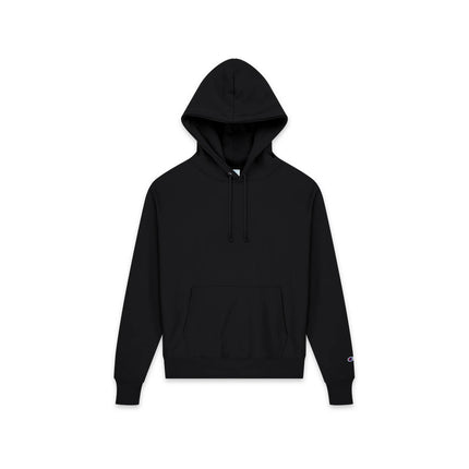 Champion S101 Adult Reverse Weave Pullover Hooded Sweatshirt in Black, front view.