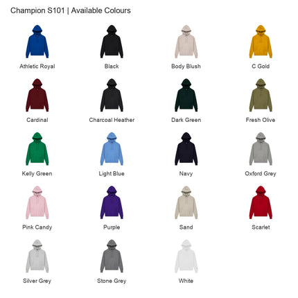 Champion S101 colour chart showing all 19 available colours.