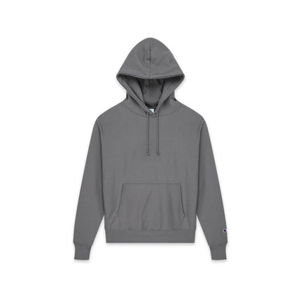 Champion S101 Adult Reverse Weave Pullover Hooded Sweatshirt in Stone Grey, front view.