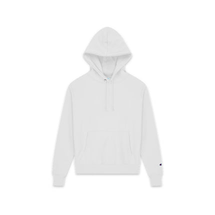 Champion S101 Adult Reverse Weave Pullover Hooded Sweatshirt in White, front view.