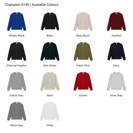 Champion S149 colour chart showing all 14 available colours.